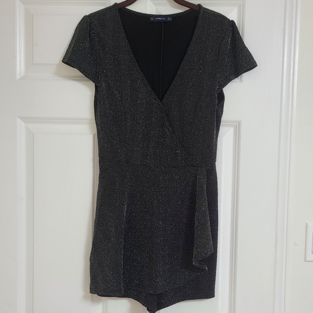 Zara herringbone metallic romper with ruffle skirt